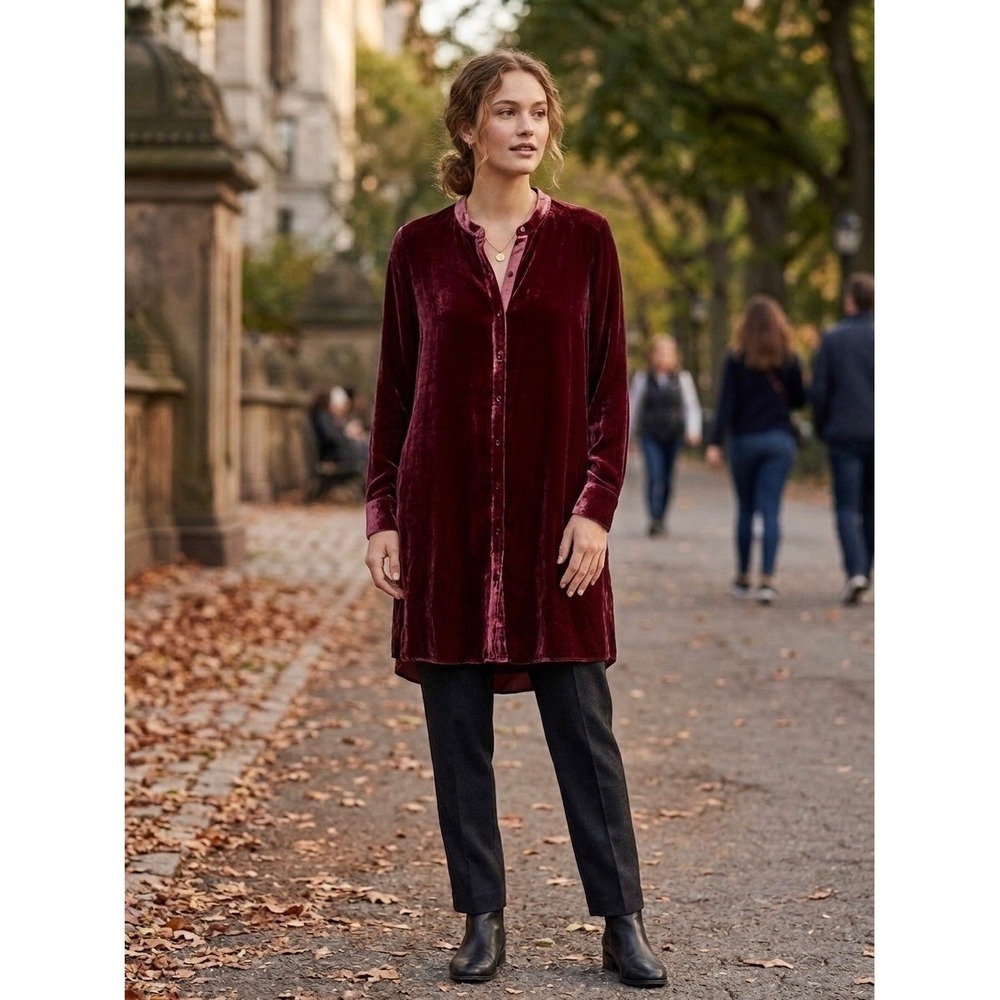 Eileen Fisher Silk Blend Velvet Mandarin Collar Tunic Shirt Burgundy Red Medium